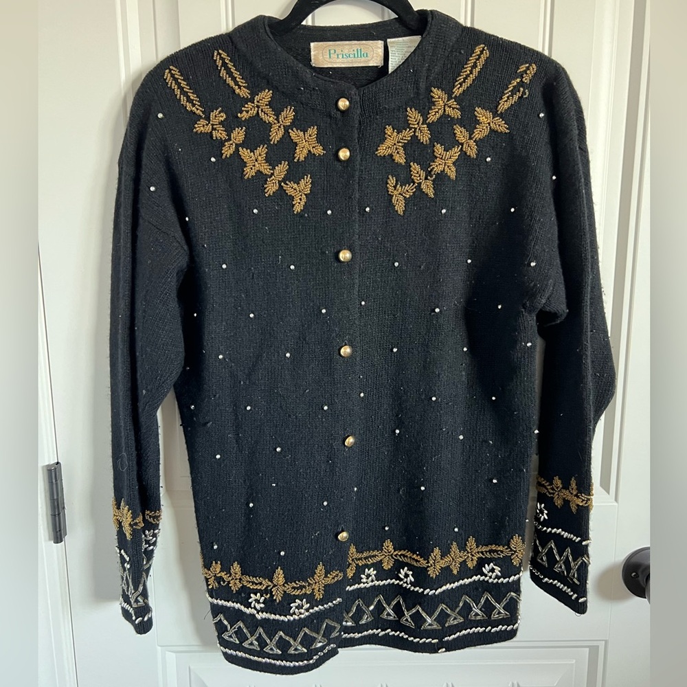 Vintage Priscilla Lambswool Black Floral Beaded Cardigan